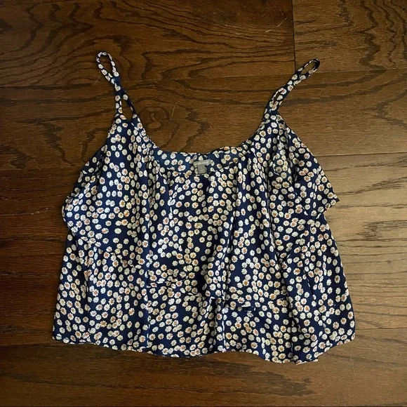 Charlotte Russe Super Flowy Boxy Ditzy Floral Daisy Spaghetti Ruffle Tank Blue - Picture 1 of 4